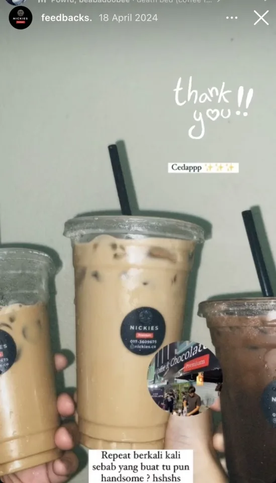 Three Nickies iced drinks, two coffees and one chocolate, held up together with a photo of the stall and the word “Cedappp”