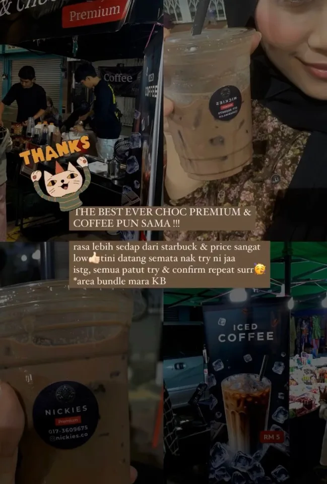 Collage of a customer with Nickies iced coffee and the Nickies stall in Kota Bharu